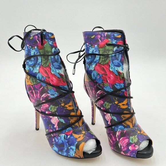 YDN Blue Floral Peep Toe Platform Stiletto Heels Lace Up Cutout Ankle Booties - Picture 4 of 8